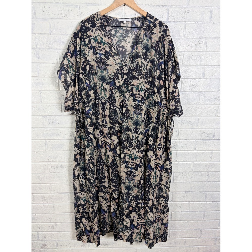 IRO Deina Maxi Dress Womens 44 XL Navy Abstract Floral V Neck Butterfly Sleeve